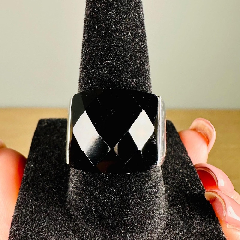 Vintage 925 Sterling Silver Black Onyx Modernist Statement Ring Size 7.5 Signed